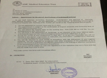 Appointment as teaching assistant professor in cardiology department at vadilal sarabhai general(vs) hospital